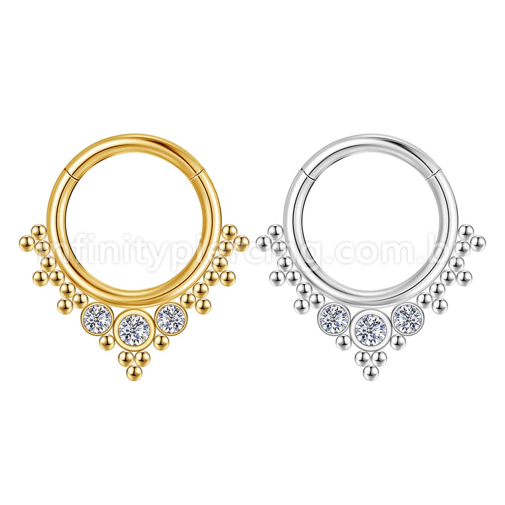 Piercing Argola Aço cirúrgico Segmento Articulado 3 Pedras Zircônia
